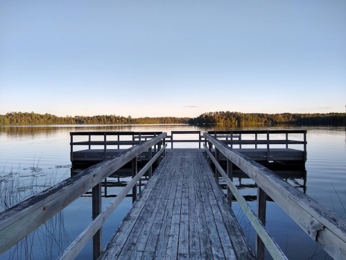 A wooden dock extends into a calm lake, surrounded by trees under a clear sky. Reflections shimmer on the water's surface.