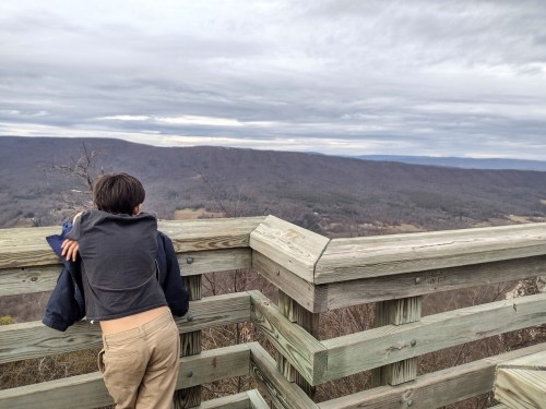 A child leans on a wooden railing, gazing at a scenic mountain view under a cloudy sky.