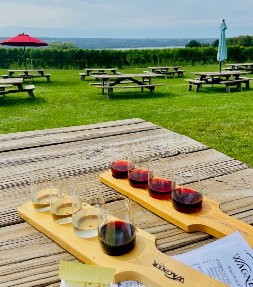 A wooden table with a wine flight and glasses, overlooking a scenic vineyard with picnic tables and a red umbrella.