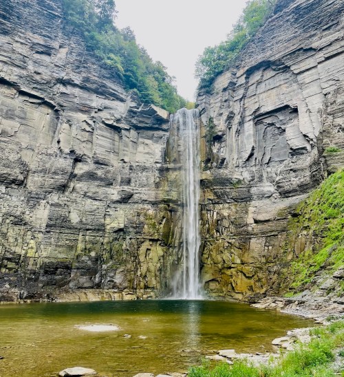 A tall waterfall cascades down rocky cliffs into a serene pool surrounded by lush greenery.