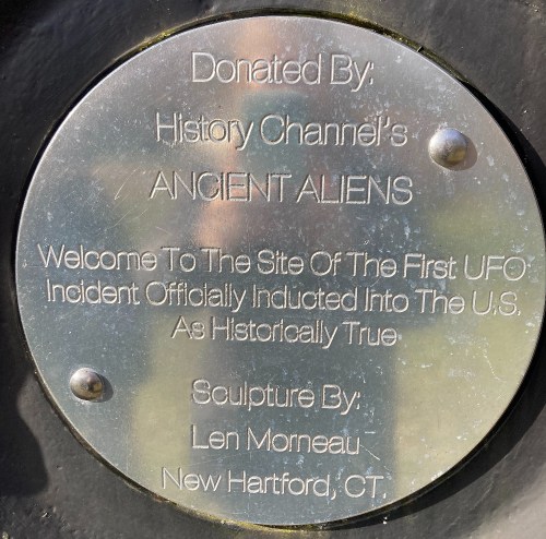 Plaque honoring the first UFO incident in the U.S., donated by History Channel's Ancient Aliens, sculpted by Len Morneau.