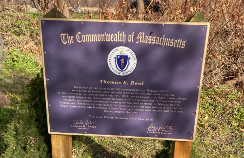 A plaque honoring Thomas E. Reed, recognizing his contributions to Massachusetts, dated November 3, 2015.