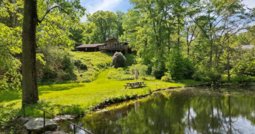 A serene landscape featuring a pond, green grass, trees, and a cabin in the background under a clear blue sky.