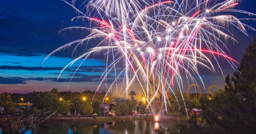 Colorful fireworks burst over a lake at dusk, illuminating the sky and surrounding trees with vibrant light.