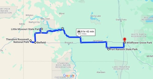 Map showing a route from Little Missouri State Park to Wildflower Grove Park, covering 503 miles in 8 hours 42 minutes.