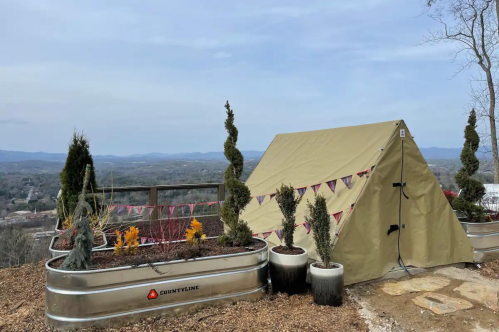 A tan tent on a hillside with decorative plants and a scenic view of the landscape in the background.