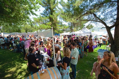 A lively outdoor festival with people mingling, tasting wine, and enjoying the sunny atmosphere under trees and tents.