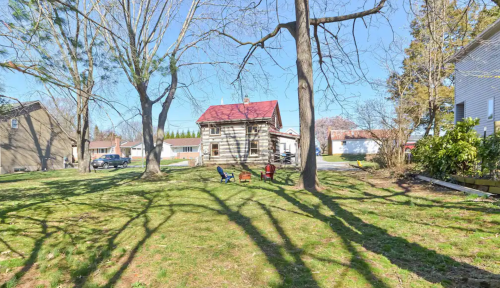 A sunny backyard with two chairs, a log cabin house, and bare trees casting long shadows on the grass.