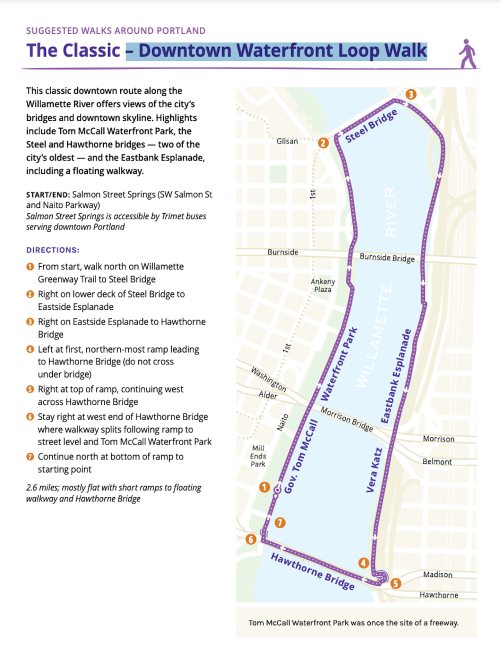 Map of the Downtown Waterfront Loop Walk in Portland, highlighting key bridges and starting points along the Willamette River.