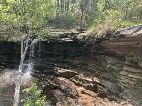 A serene waterfall cascades over rocky cliffs, surrounded by lush greenery and trees in a peaceful natural setting.