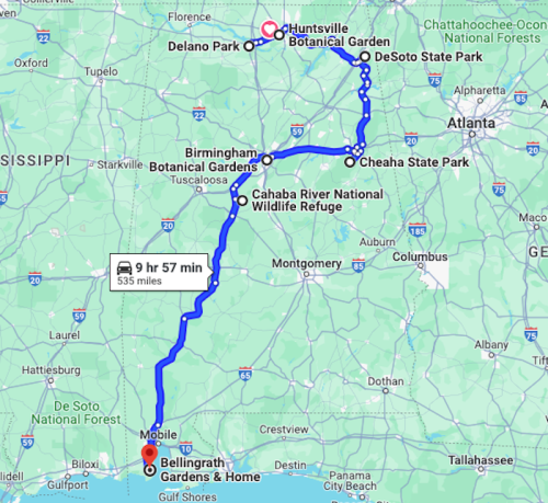 Map showing a route from Mobile to various parks and gardens in Alabama, including Bellingrath Gardens and Huntsville Botanical Garden.