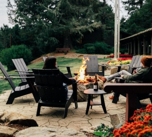 Two people sit by a fire pit in a garden, surrounded by chairs and greenery, enjoying a cozy outdoor gathering.