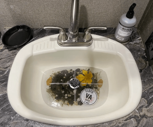 A sink filled with water, leaves, and a sticker, with soap and a small dish nearby.