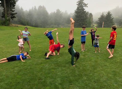 A group of children playing on a grassy field, some doing handstands and others cheering in a foggy setting.