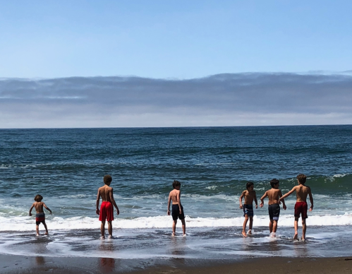 A group of children playing at the beach, wading in the shallow water with waves crashing nearby.