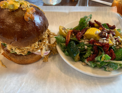 A pulled chicken sandwich on a brioche bun with a side salad featuring greens, sun-dried tomatoes, and seeds.