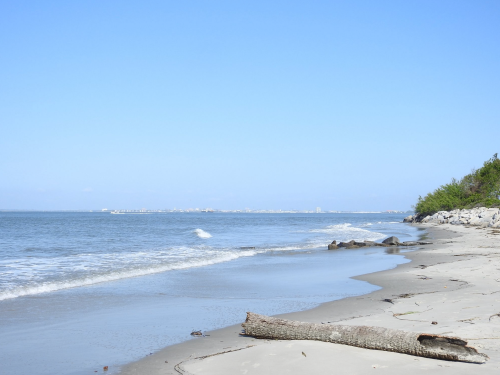 A serene beach scene with gentle waves, a sandy shore, and a clear blue sky in the background.