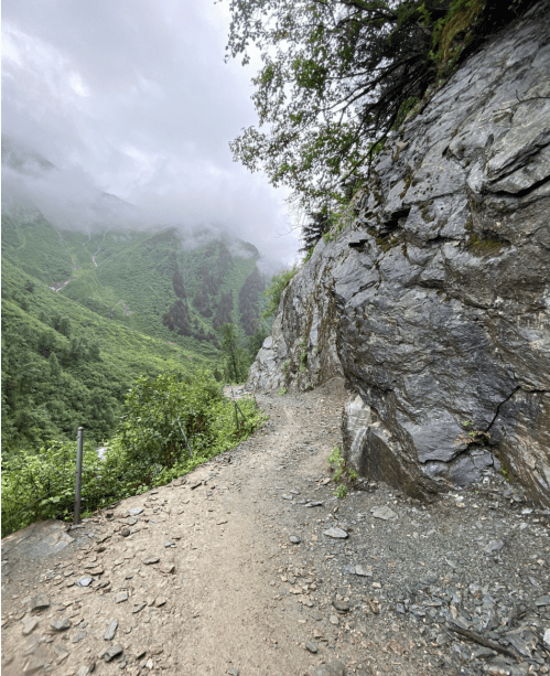 A rocky path winds through a lush green valley, surrounded by misty mountains under a cloudy sky.