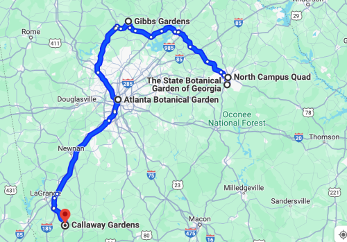 Map showing a route connecting various botanical gardens in Georgia, including Callaway Gardens and Gibbs Gardens.