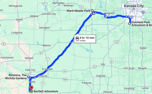 Map showing a route from Bartlett Arboretum to Ward-Meade Park, with a distance of 247 miles and a travel time of 4 hours 10 minutes.