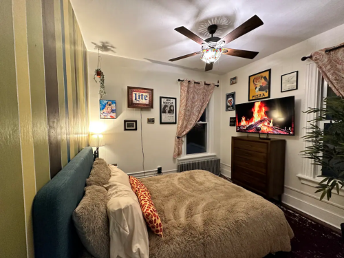 Cozy bedroom with a plush bed, decorative wall art, a ceiling fan, and warm lighting.
