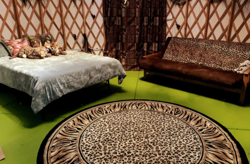 Cozy room with a bed, a brown sofa, and a leopard print rug on green flooring, surrounded by patterned walls.