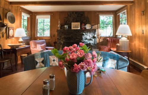 Cozy living room with a stone fireplace, wooden walls, and a table with a vase of pink flowers.