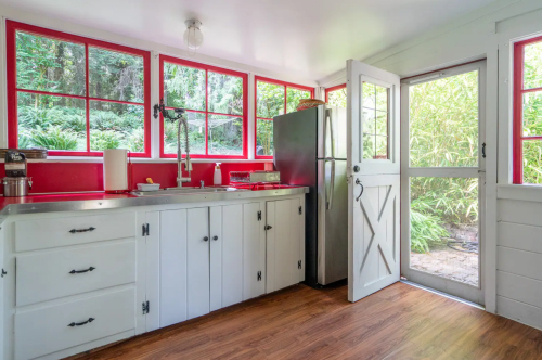Bright kitchen with red accents, white cabinets, stainless steel appliances, and a door leading to a lush outdoor area.