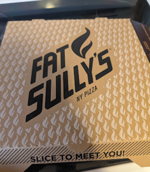 A pizza box from Fat Sully's NY Pizza with a playful slogan, "Slice to meet you!" on a patterned background.