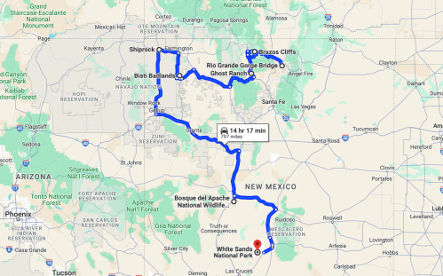 Map showing a route through New Mexico, highlighting stops at various parks and landmarks, including White Sands National Park.