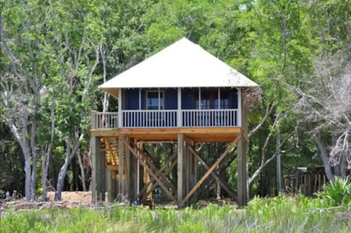 A wooden house on stilts surrounded by lush greenery and trees, featuring a sloped roof and a balcony.