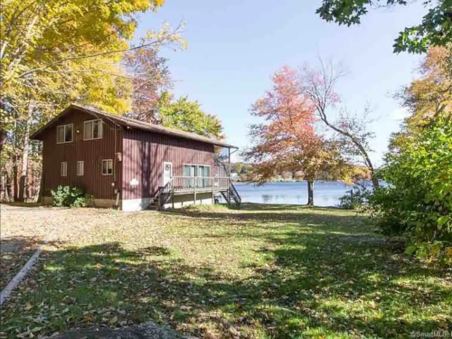 A rustic cabin by a lake surrounded by colorful autumn trees and a grassy area.