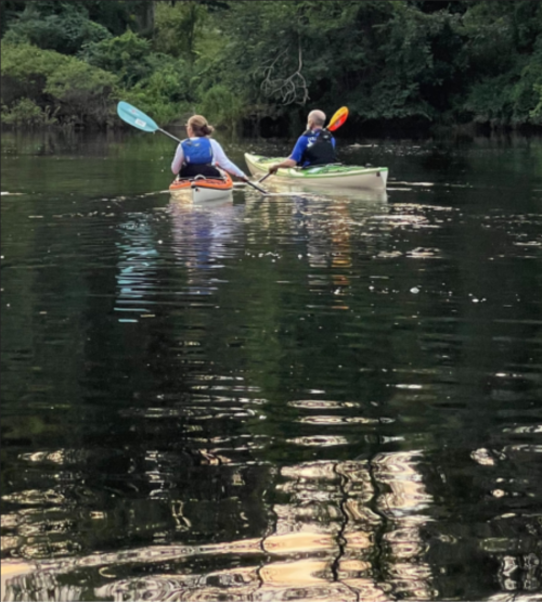 Two people kayaking on a calm river, surrounded by lush greenery and reflecting water.