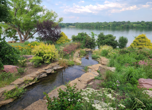 A serene garden with a winding stream, lush greenery, and a view of a calm lake under a partly cloudy sky.