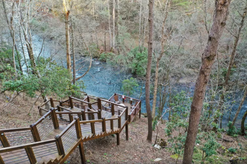 A winding wooden staircase leads down to a serene river surrounded by bare trees and lush greenery.