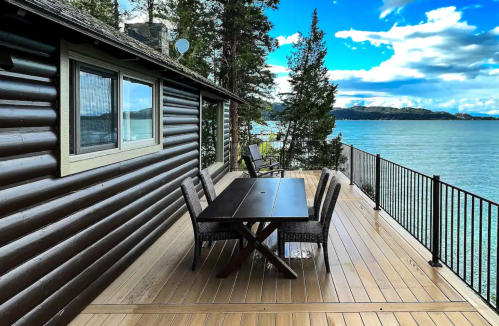A wooden deck with a table and chairs overlooks a serene lake surrounded by trees and a blue sky.