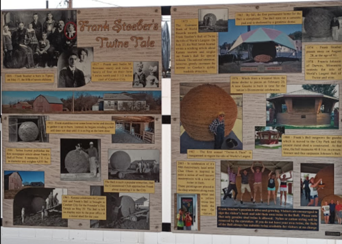 Informational display about Frank Stoeber's Twine Tale, featuring historical photos and timeline of events related to twine production.