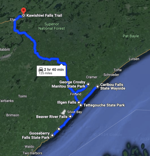 Map showing the Kawishiwi Falls Trail route, highlighting parks and landmarks along the way. Total distance: 125 miles.