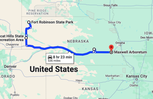 Map showing a route from Fort Robinson State Park to Maxwell Arboretum, covering 536 miles in 8 hours and 23 minutes.