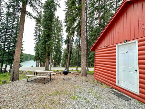 A red cabin by a lake, surrounded by tall trees, with a picnic table and grill in the foreground.