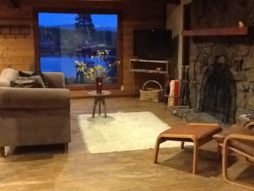Cozy living room with a sofa, small table, and stone fireplace, overlooking a lake through a large window.