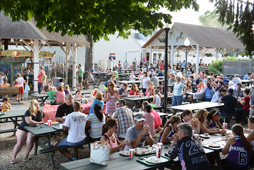 A lively outdoor gathering with many people dining at picnic tables under trees, enjoying food and conversation.