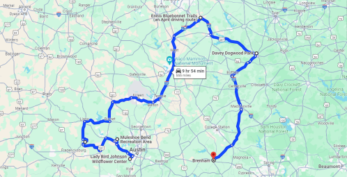 Map showing a driving route from Austin to Brenham, highlighting scenic areas and parks along the way.