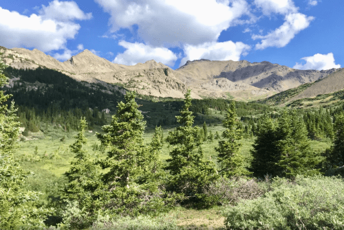 A scenic view of mountains and lush green trees under a partly cloudy sky.
