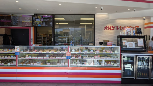 A brightly lit donut shop display showcasing a variety of colorful donuts and pastries behind a glass counter.