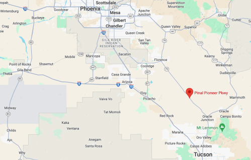 Map showing the area around Phoenix, Arizona, highlighting Pinal Pioneer Parkway and nearby towns and highways.