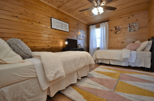Cozy bedroom with wooden walls, two beds, a TV, and colorful rug, featuring soft lighting and decorative artwork.