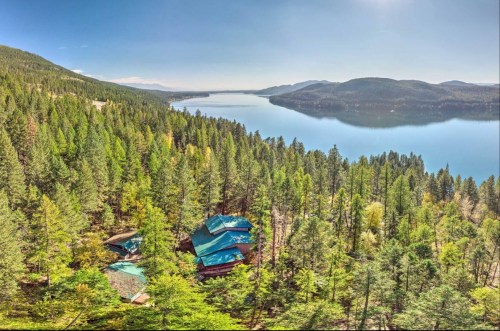 Aerial view of a serene lake surrounded by lush green forests and mountains under a clear blue sky.