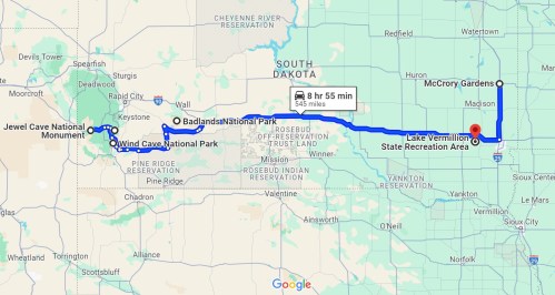 Map showing a route from Jewel Cave National Monument to Lake Vermillion State Recreation Area in South Dakota.