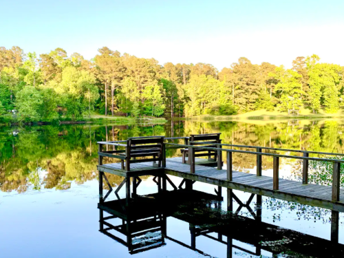 A wooden dock extends over a calm lake, surrounded by lush green trees reflecting in the water.